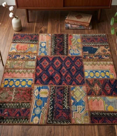 Square Persian Patchwork rug, Size 128 x 130 cm, vintage hand knotted, natural wool, original dye.