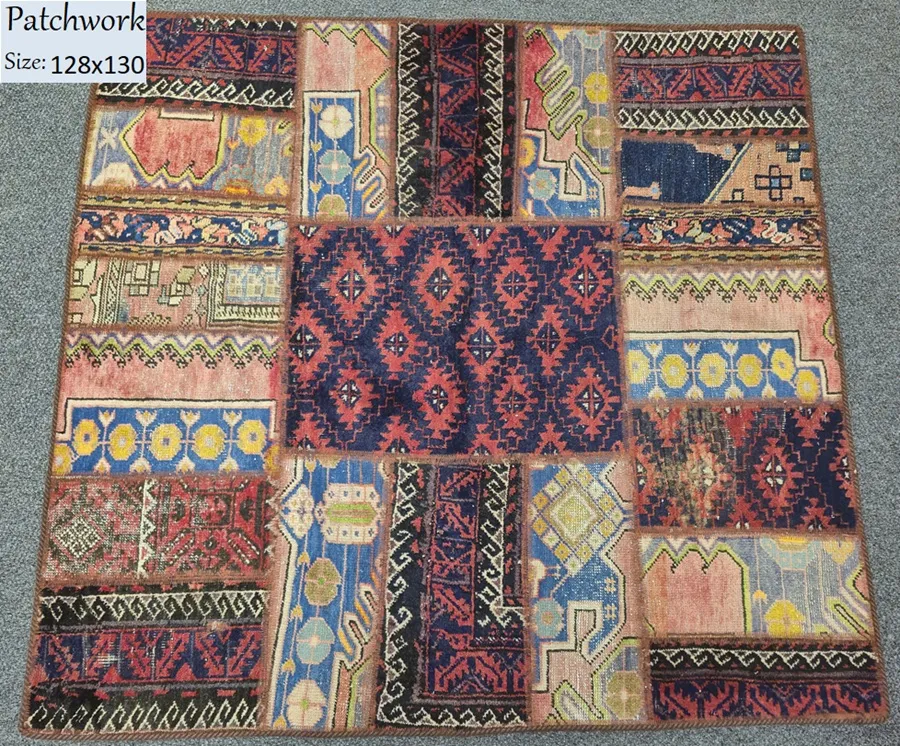 Square Persian Patchwork rug, Size 128x130 cm, vintage hand knotted, natural wool, original dye.