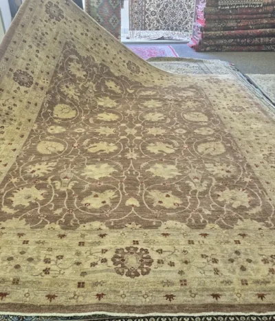 pre-loved Chobi rug, Size: 292 x 245 cm, classic all-over floral palmette design in sophisticated earthy tones. Hand-knotted with high-quality hand-spun wool.