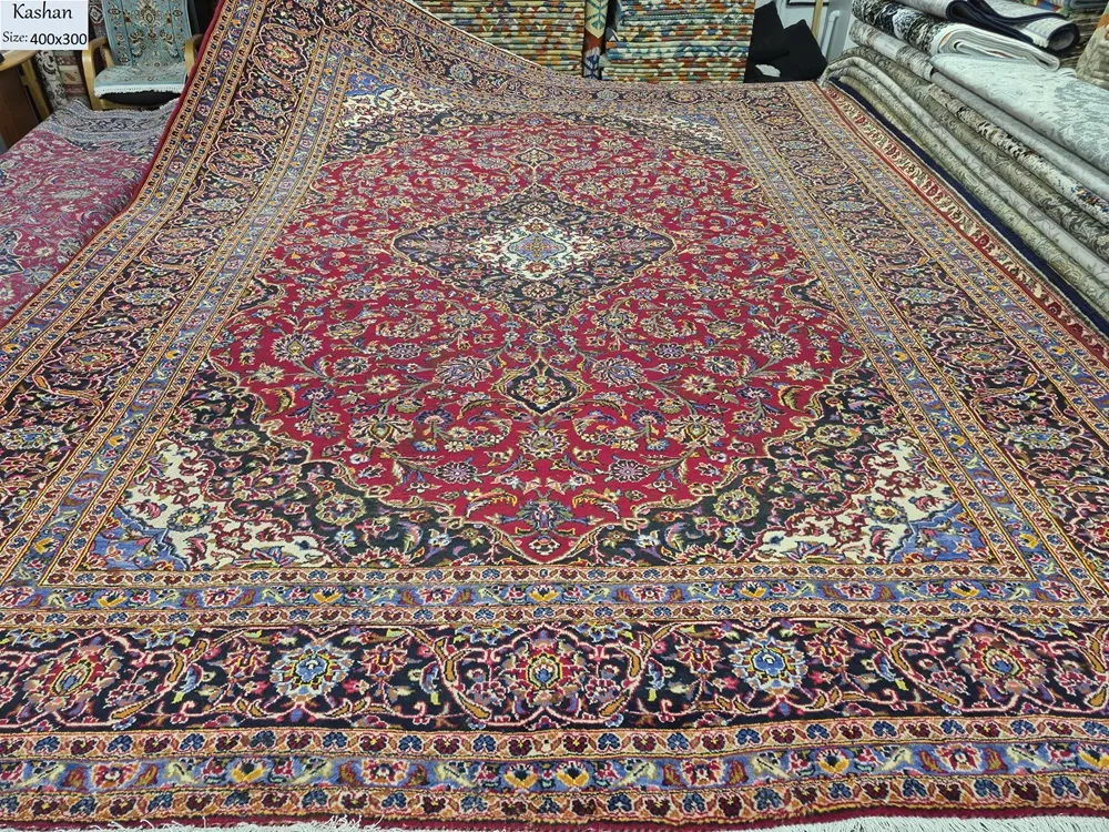 Pre loved Kashan Persian Rug, Size: 400 x 300 cm, Hand-Knotted by natural wool & vegetable dye, Deep red, navy blue, and ivory accents.