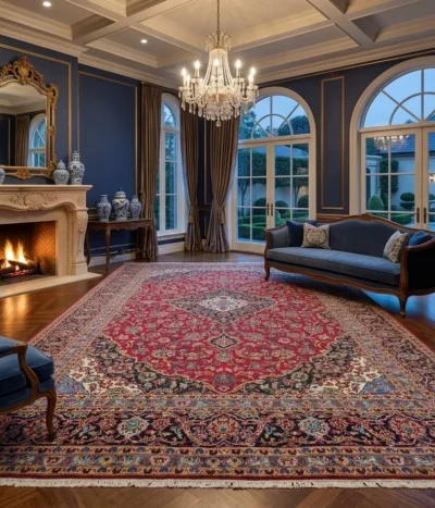 Pre loved Kashan Persian Rug, Size: 400 x 300 cm, Hand-Knotted by natural wool & vegetable dye, Deep red, navy blue, and ivory accents.