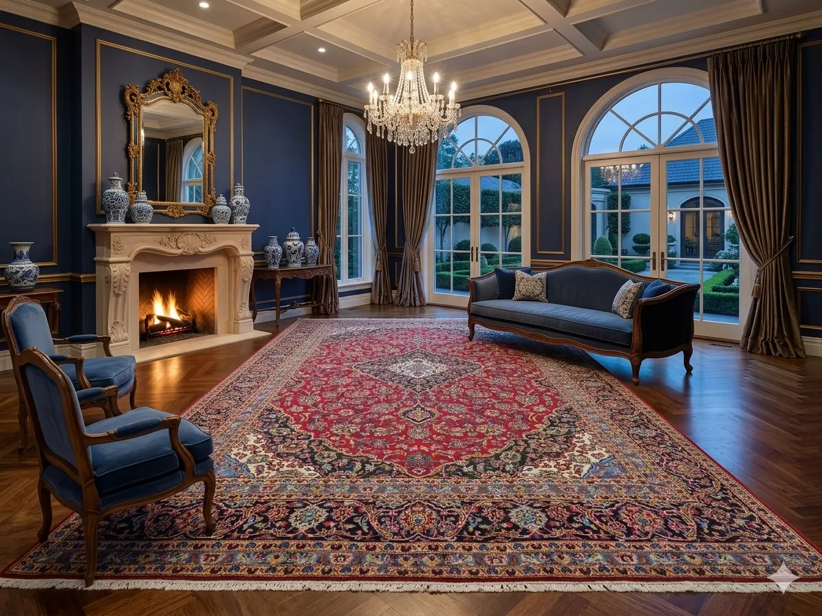 Pre loved Kashan Persian Rug, Size: 400 x 300 cm, Hand-Knotted by natural wool & vegetable dye, Deep red, navy blue, and ivory accents.