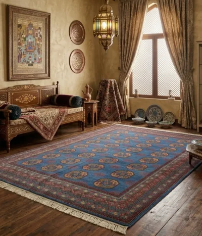 Premium Hand-Knotted Bokhara rug, Size: 343 x 244 cm, featuring the iconic "Tekke Gul" design(Elephant Foot) motif, Crafted from premium wool with a lustrous finish.