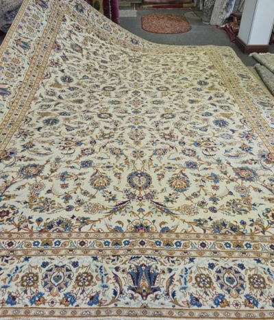 Premium golden Tabriz, Size: 383x274 cm, fine knotted by kurk wool & vegetable dye, R40 000 valuation certificate & exchange warranty. Imported from Iran.