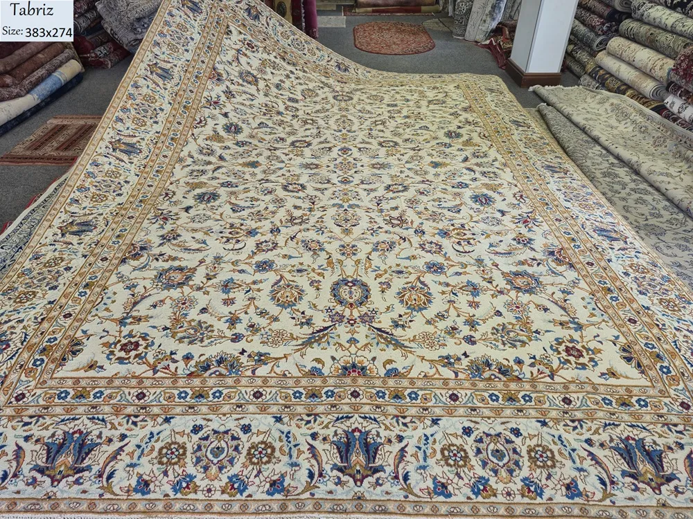 Premium golden Tabriz, Size: 383x274 cm, fine knotted by kurk wool & vegetable dye, R40 000 valuation certificate & exchange warranty. Imported from Iran.