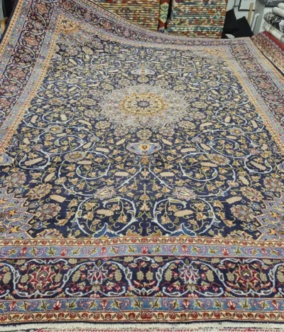 Premium Hand-Knotted Nain Persian Rug, Size: 384 x 297 cm, magnificent ivory sunburst central medallion surrounded by a complex network of interlacing islimi (arabesque) vines and floral blossoms.High-grade wool on a fine cotton foundation.