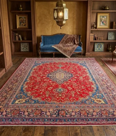 Premium Kashan Persian Rug is an authentic, hand-knotted masterpiece featuring a striking central medallion set against a vibrant crimson field. Size: 385 x 300 cm. Features a classic navy and cream sunburst medallion with intricate "Shah Abbasi" floral patterns.