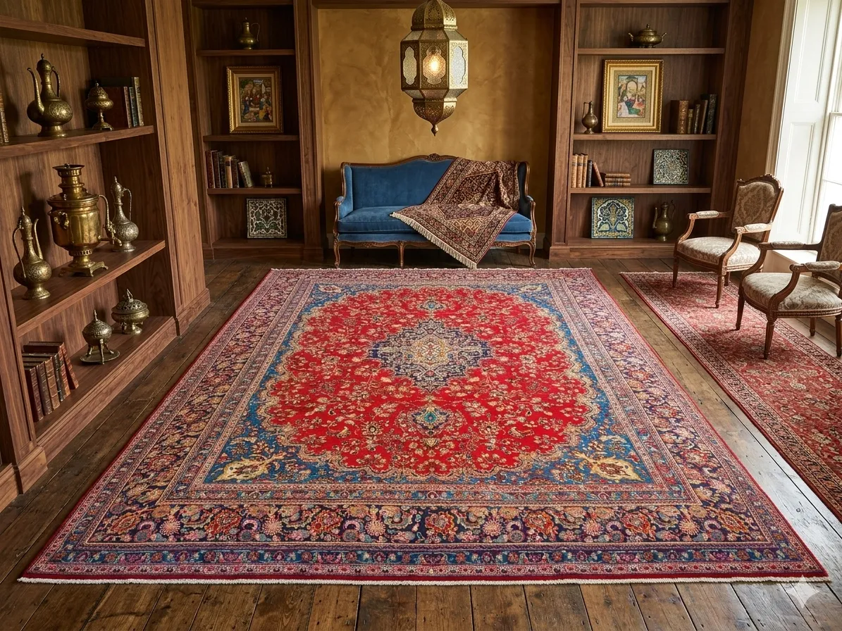 Premium Kashan Persian Rug is an authentic, hand-knotted masterpiece featuring a striking central medallion set against a vibrant crimson field. Size: 385 x 300 cm. Features a classic navy and cream sunburst medallion with intricate "Shah Abbasi" floral patterns.