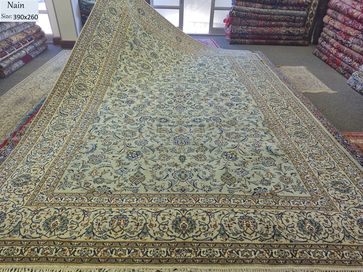 Premium sage Nain carpet, Size: 390x260 cm, very fine hand knotted by natural wool & vegetable dye, signed by artist, R50 000 valuation certificate.
