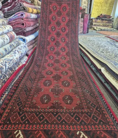 Red Afghan hallway runner, Size: 288 × 76 cm, fine quality hand knotted by natural wool & vegetable dye.