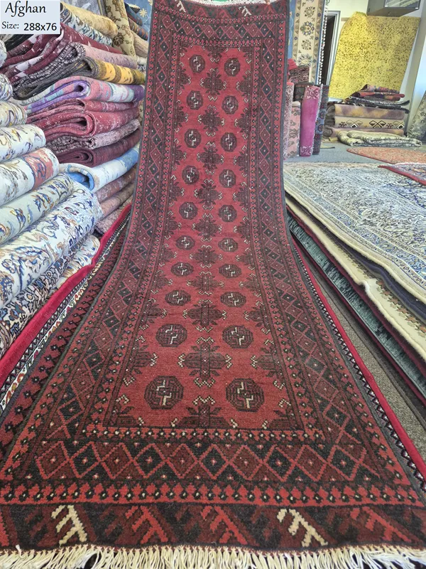 Red Afghan hallway runner, Size: 288 × 76 cm, fine quality hand knotted by natural wool & vegetable dye.