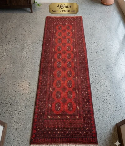 Red Afghan hand knotted runner, Size: 239 × 80 cm, fine quality natural wool & vegetable dye.