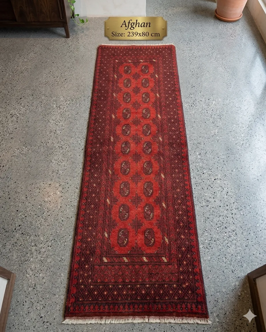 Red Afghan hand knotted runner, Size: 239 × 80 cm, fine quality natural wool & vegetable dye.