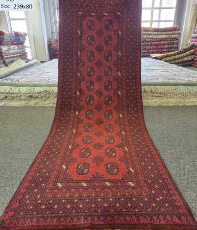 Red Afghan hand knotted runner, Size: 239 × 80 cm, fine quality natural wool & vegetable dye.