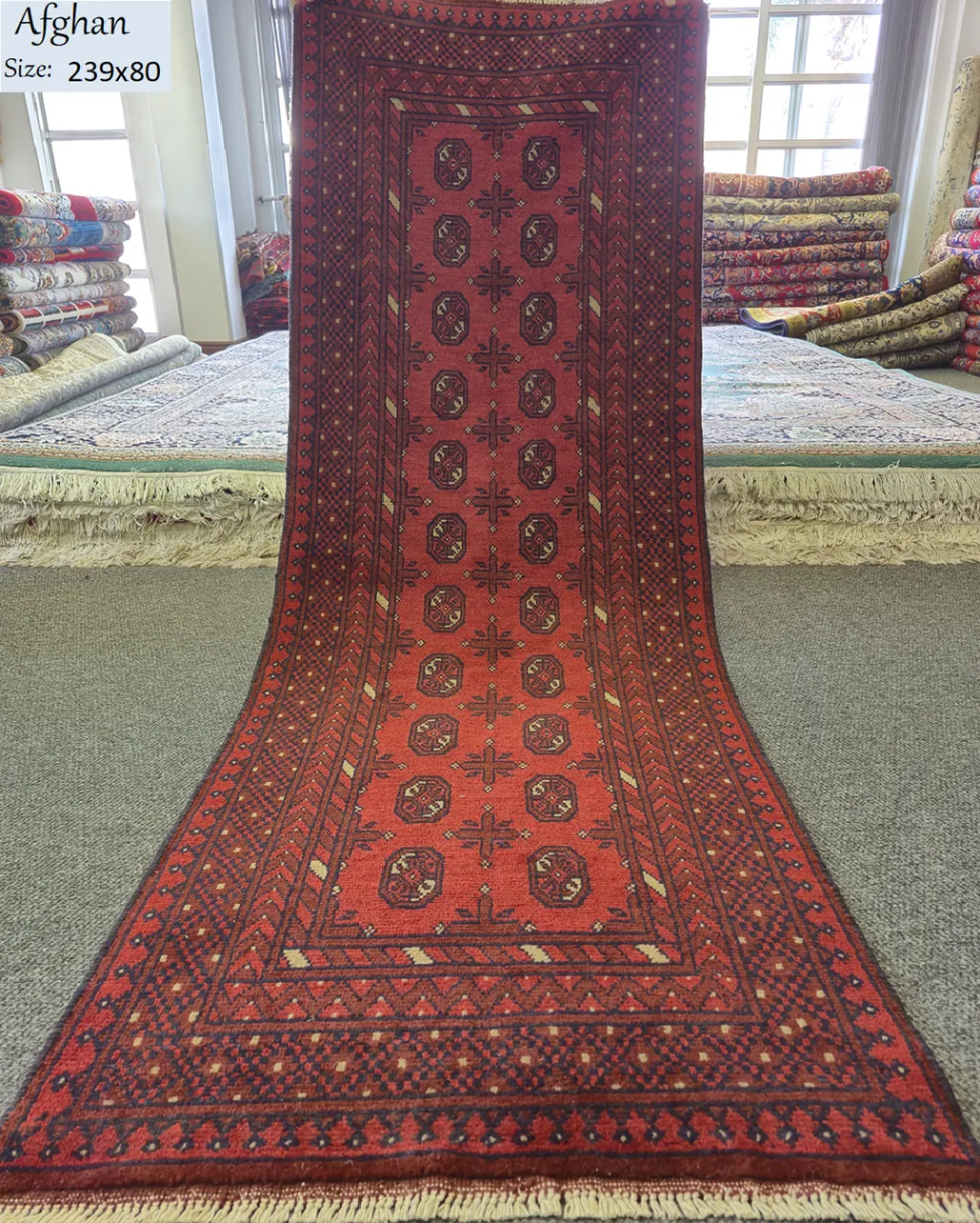 Red Afghan hand knotted runner, Size: 239 × 80 cm, fine quality natural wool & vegetable dye.