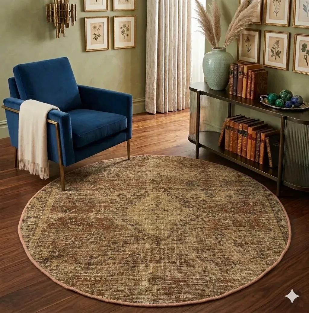 Round vintage Tabriz rug, Size: 128 x 128 cm, hand knotted by natural wool.