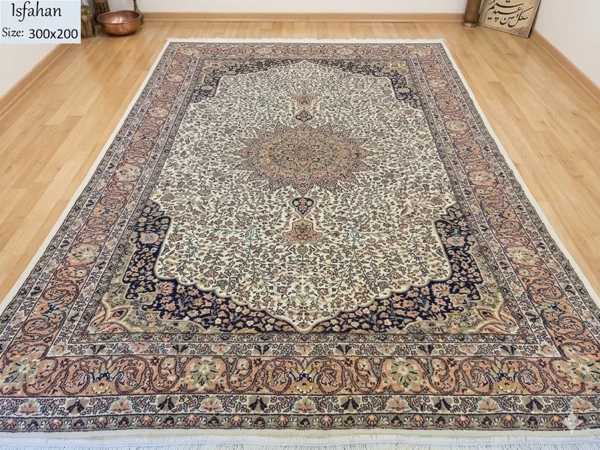 Second hand Isfahan rug, Size: 300 × 200 cm, wool on cotton, 300 knots per square meters, floral design.