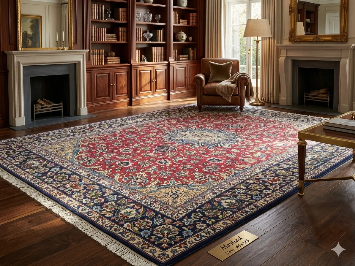 Second-hand Mashad rug, Size: 385x285 cm, Hand knotted by natural wool & vegetable dye. R16 000 valuation certificate & exchange warranty.