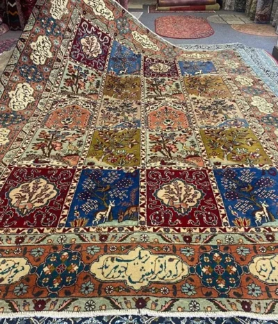 Masterpiece Bakhtiari rug, Size: 285x200 cm, silk on wool, showcases the intricate calligraphy of Saadi's renowned poem "Bani Adam," reflecting the profound wisdom and universal message of human interconnectedness.