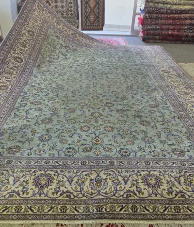 Vintage Nain rug, Size: 408 × 286 cm, sage green, hand knotted natural wool & vegetable dye, around 60 years old, R30 000 valuation certificate.