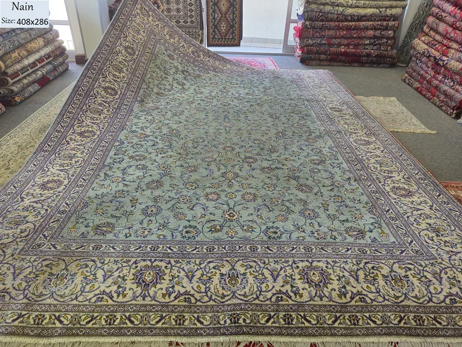 Vintage Nain rug, Size: 408 × 286 cm, sage green, hand knotted natural wool & vegetable dye, around 60 years old, R30 000 valuation certificate.