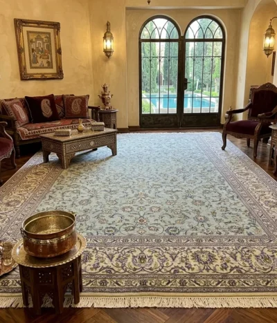 Vintage Nain rug, Size: 408 × 286 cm, sage green, hand knotted natural wool & vegetable dye, around 60 years old, R30 000 valuation certificate.