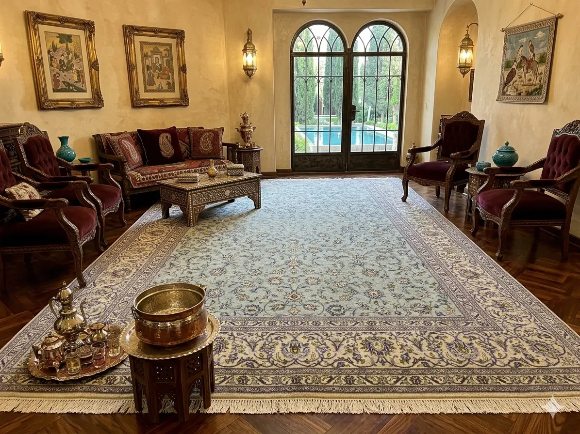 Vintage Nain rug, Size: 408 × 286 cm, sage green, hand knotted natural wool & vegetable dye, around 60 years old, R30 000 valuation certificate.