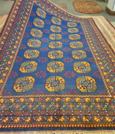 Authentic Blue Bokhara handmade rug, Size: 298 x 197 cm, Geometric gul motifs, High-quality wool pile on a cotton foundation.