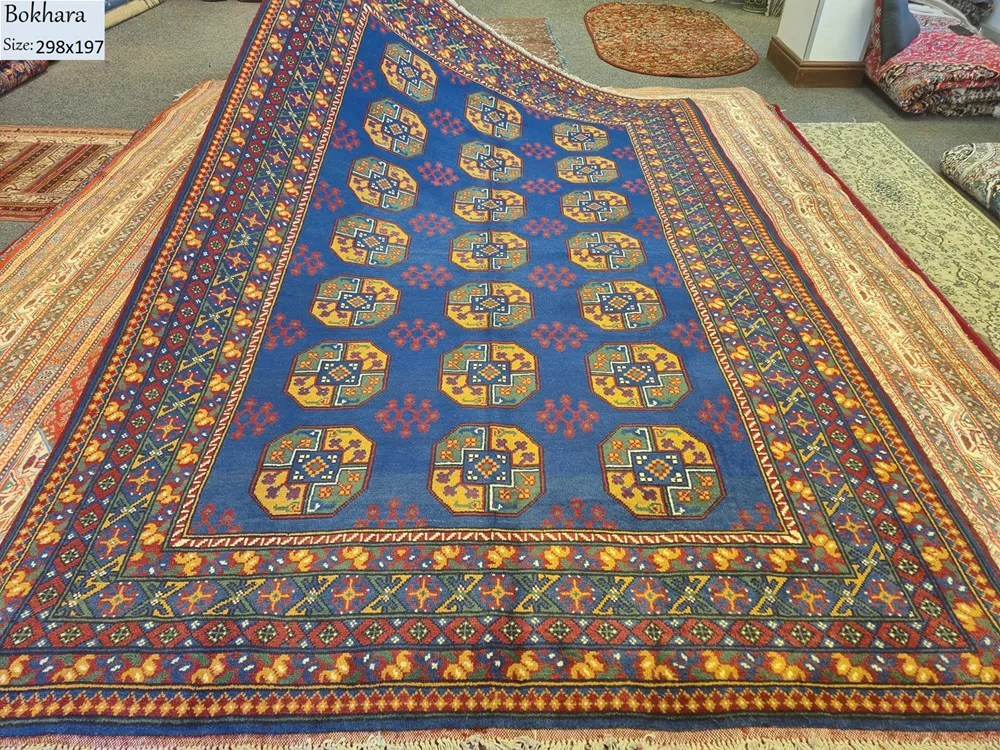 Authentic Blue Bokhara handmade rug, Size: 298 x 197 cm, Geometric gul motifs, High-quality wool pile on a cotton foundation.