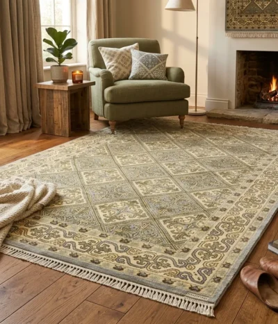 Bakhtiari Kheshti rug, Size: 229 x 171 cm, Fine hand-knotted diamond-shaped repeating geometric arabesque in muted sage greens, creams, and soft golds.