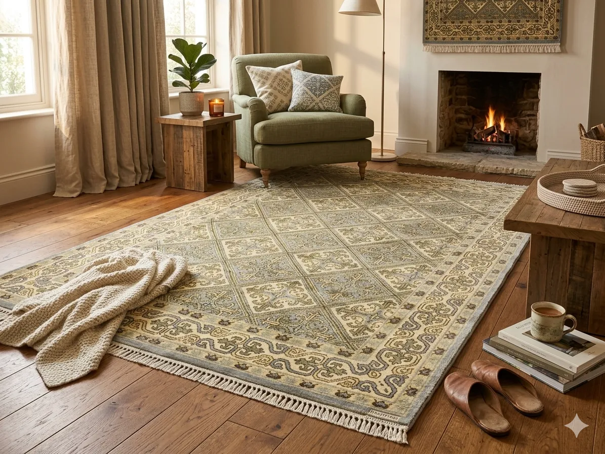 Bakhtiari Kheshti rug, Size: 229 x 171 cm, Fine hand-knotted diamond-shaped repeating geometric arabesque in muted sage greens, creams, and soft golds.