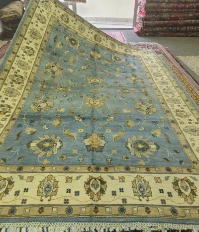 Hand-knotted Chobi Ziegler rug, Size: 299 x 204 cm, Floral Arabesque sky-blue field with ivory accented, natural wool & vegetable dyes.