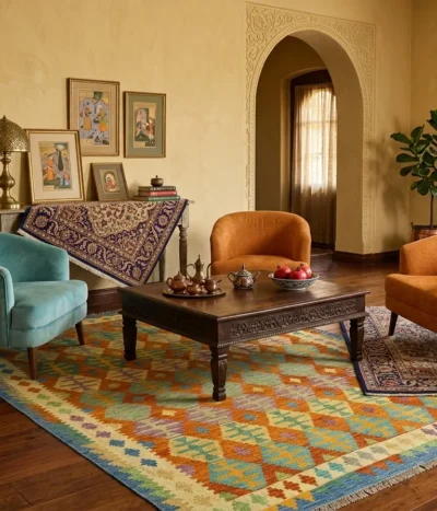 Authentic flat-weave Kilim, Size: 291 x 201 cm, Featuring a captivating repeat-diamond (lozenge) motif,  The vibrant interplay of terracotta, turquoise, and golden ochre makes it a versatile piece for both modern and traditional.