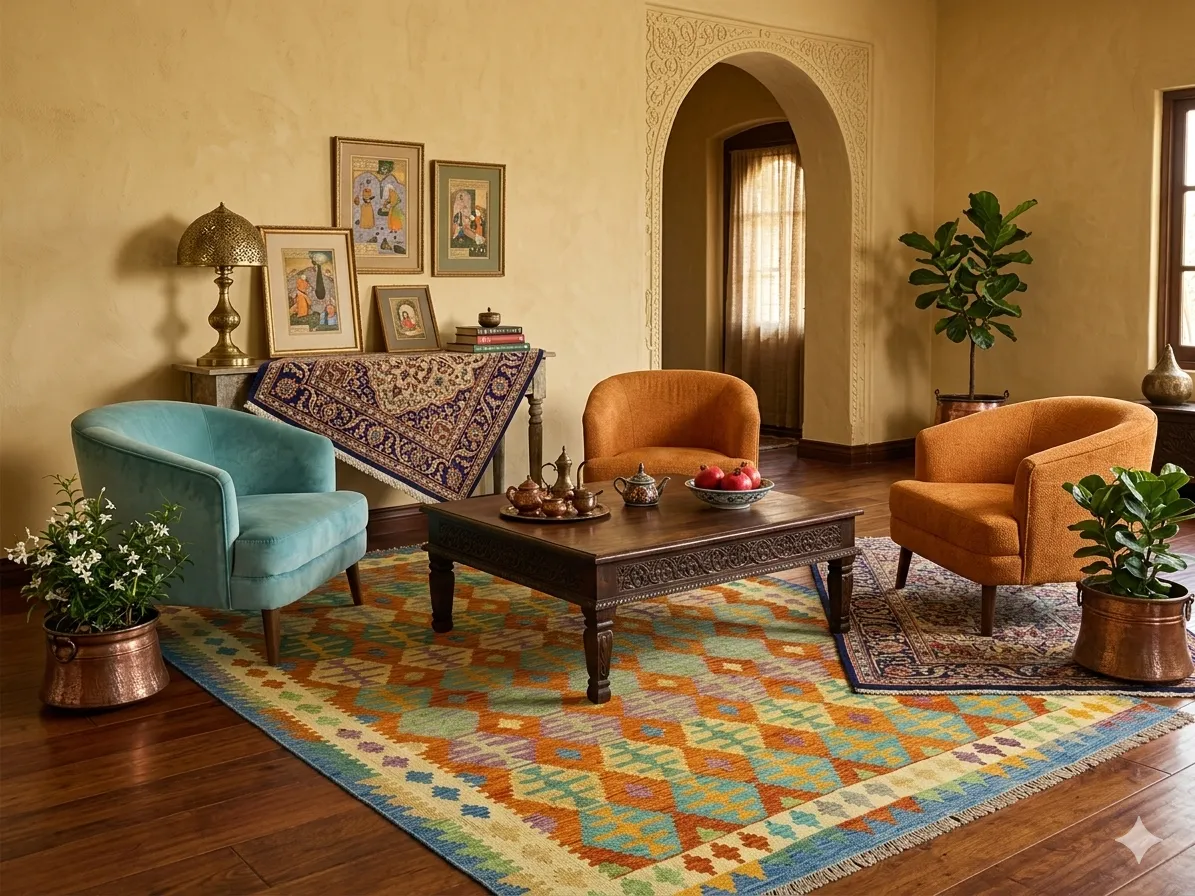 Authentic flat-weave Kilim, Size: 291 x 201 cm, Featuring a captivating repeat-diamond (lozenge) motif, The vibrant interplay of terracotta, turquoise, and golden ochre makes it a versatile piece for both modern and traditional.