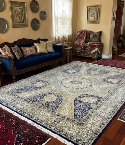 Elegant Gonbad design Isfahan rug, Size: 350x250 cm, 500 Knots wool on cotton quality, The "Gonbad" (meaning "dome" in Persian) design is iconic for its breathtaking symmetry and mathematical precision, intended to mirror the intricate tiling found on the interior ceilings of mosques, such as the famous Sheikh Lotfollah Mosque in Isfahan