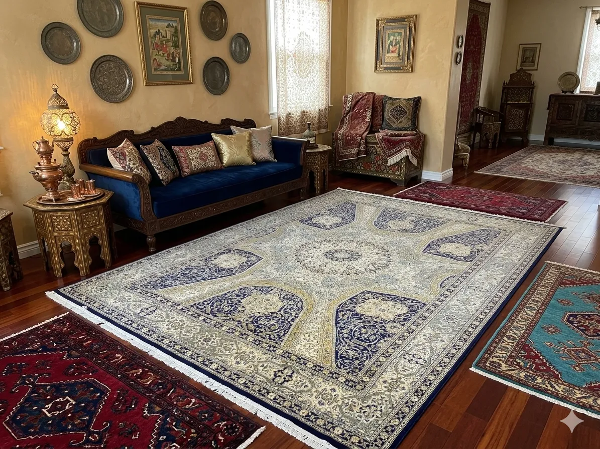 Elegant Gonbad design Isfahan rug, Size: 350x250 cm, 500 Knots wool on cotton quality, The "Gonbad" (meaning "dome" in Persian) design is iconic for its breathtaking symmetry and mathematical precision, intended to mirror the intricate tiling found on the interior ceilings of mosques, such as the famous Sheikh Lotfollah Mosque in Isfahan