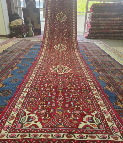 Hamadan Hallway runner, Size: 392 × 80 cm, Hand-Knotted, Geometric Medallion & Floral, Crimson Red, Ivory, Navy, and Rose accents.