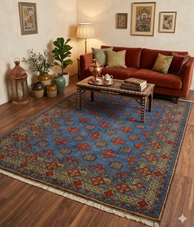 Traditional Hand-Knotted Afghan Bokhara, Size: 185 x 119 cm, iconic “gul” motif, cobalt blue-sage green, High-quality wool on a cotton foundation.