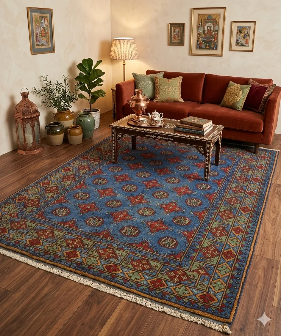 Traditional Hand-Knotted Afghan Bokhara, Size: 185 x 119 cm, iconic “gul” motif, cobalt blue-sage green, High-quality wool on a cotton foundation.