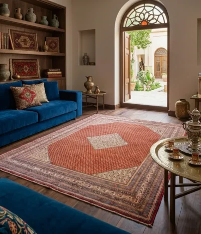 Hand-Knotted Bijar antique Persian rug, Size: 398 x 305 cm, diamond-shaped central medallion with Herati pattern, rust navy blue & ivory, High-quality wool on a cotton foundation.