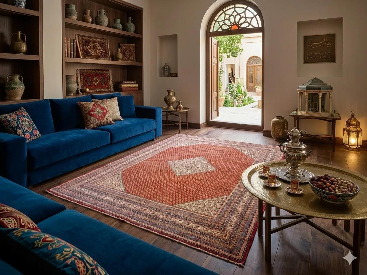 Hand-Knotted Bijar antique Persian rug, Size: 398 x 305 cm, diamond-shaped central medallion with Herati pattern, rust navy blue & ivory, High-quality wool on a cotton foundation.