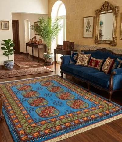 Hand-Knotted sky blue Bokhara rug, Size 193 x 151 cm,, repeating octagonal Guls (Elephant’s Foot) motifs, High-quality wool pile on a cotton foundation.
