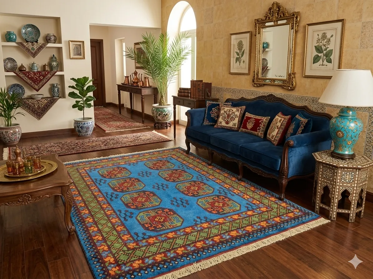Hand-Knotted sky blue Bokhara rug, Size 193 x 151 cm,, repeating octagonal Guls (Elephant’s Foot) motifs, High-quality wool pile on a cotton foundation.