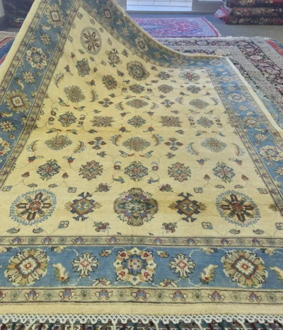 Hand-knotted Afghan Chobi Ziegler rug, Size: 233 x 167 cm, Geometric floral design, 100% hand-spun wool on cotton, Organic vegetable-based pigments.