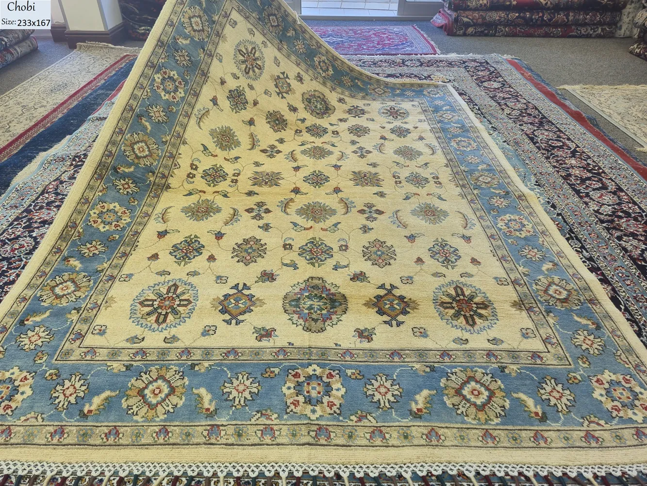 Hand-knotted Afghan Chobi Ziegler rug, Size: 233 x 167 cm, Geometric floral design, 100% hand-spun wool on cotton, Organic vegetable-based pigments.