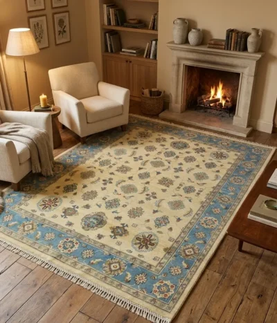 Hand-knotted Afghan Chobi Ziegler rug, Size: 233 x 167 cm, Geometric floral design, 100% hand-spun wool on cotton, Organic vegetable-based pigments.