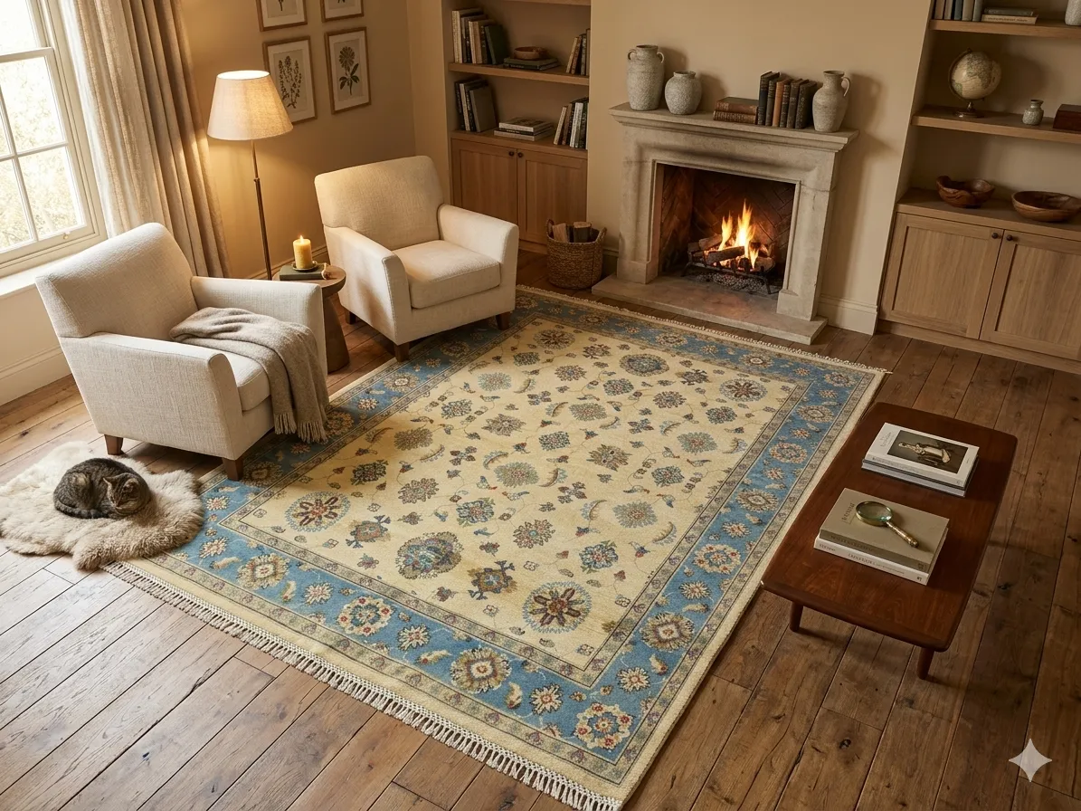 Hand-knotted Afghan Chobi Ziegler rug, Size: 233 x 167 cm, Geometric floral design, 100% hand-spun wool on cotton, Organic vegetable-based pigments.