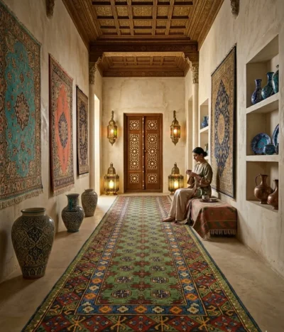 Hand-knotted Afghan Hallway runner, Size: 377 x 84 cm, sage-to-forest green field, featuring traditional tribal patterns, 100% Hand-Spun Wool on Cotton Warp.