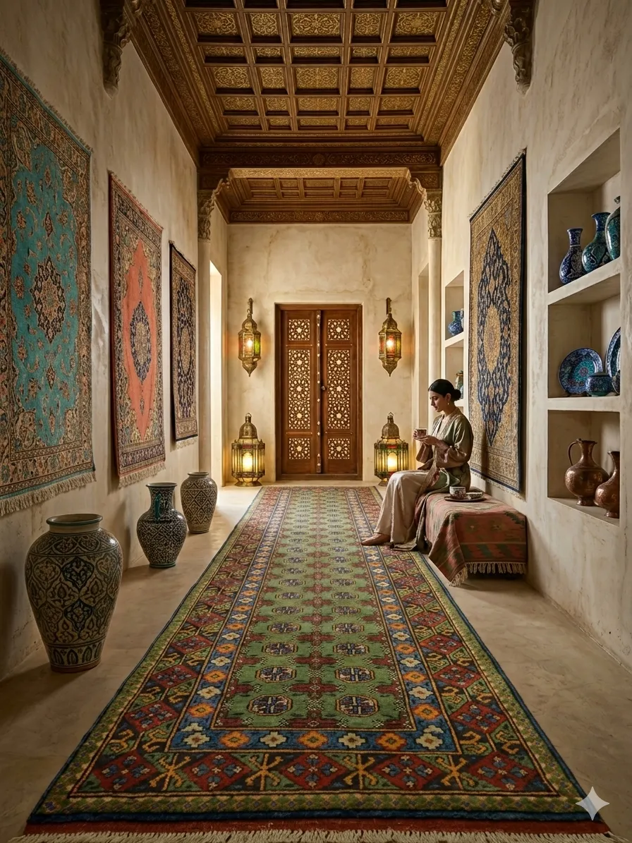 Hand-knotted Afghan Hallway runner, Size: 377 x 84 cm, sage-to-forest green field, featuring traditional tribal patterns, 100% Hand-Spun Wool on Cotton Warp.