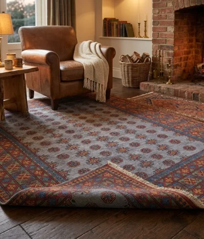 Hand-knotted Bokhara (Tribal Geometric), Size: 243 x 165 cm, steel-blue field combined with the multi-colored geometric borders, Dense plush wool pile with a soft handle, characteristic of high-quality hand-knotted pieces.